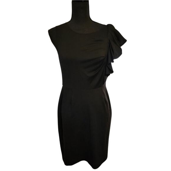 Banana Republic Black Asym Ruffle High Neck Midi Sheath Stretch - Picture 1 of 7